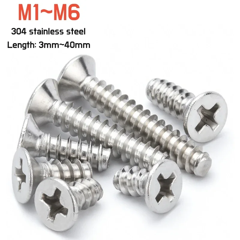 

M1M1.2M1.4M1.7M2M2.2M2.6M3M3.5M4M5M6 Phillips Cross Recessed Countersunk Head Flat Tail Self-tapping Screw 304 Stainless Steel