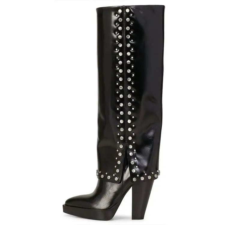 

Black Studded Fold-over Knee High Platform Boots with Block Heel Big Size 50