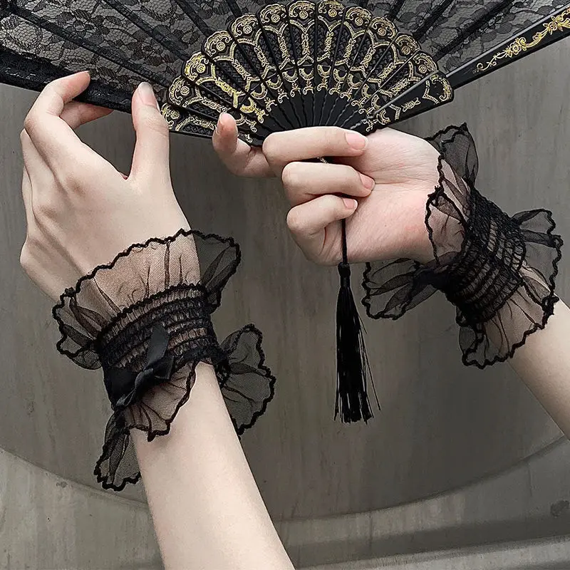 

Женские Эластичные нарукавники Lolita Kawaii с бантом, японские милые нарукавники с короткими рукавами и кружевными манжетами, браслеты, черные и белые нарукавники