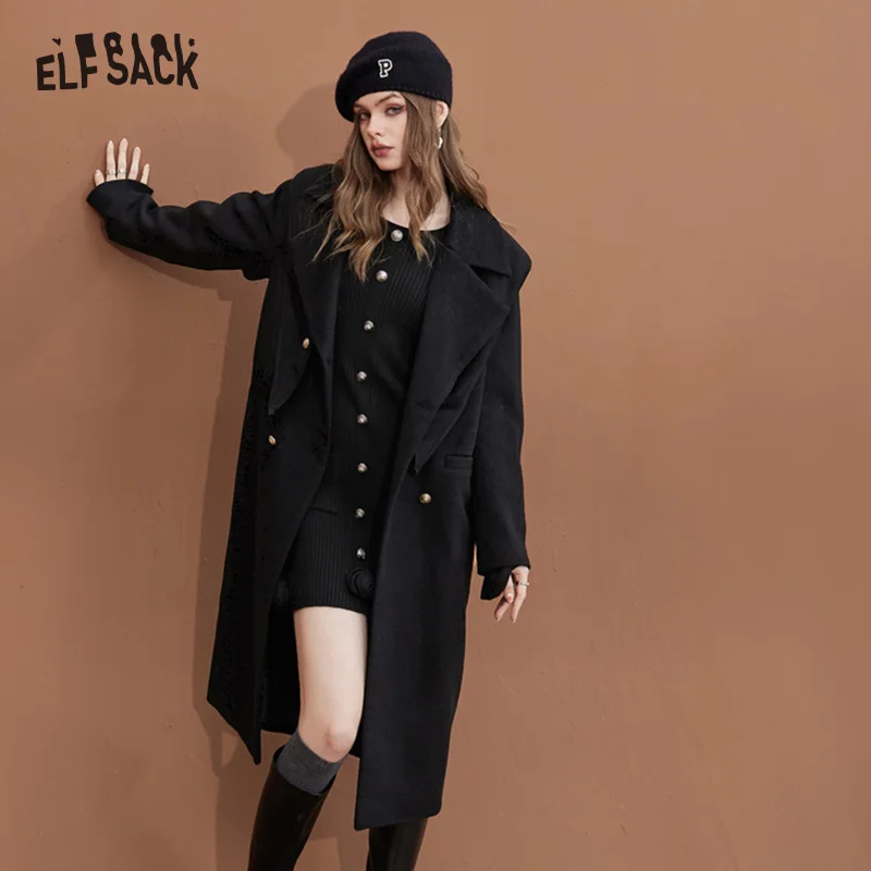 

ELFSACK Black Collar Detachable Warm Wool Coats Women 2022 Winter Mid-length Outwears