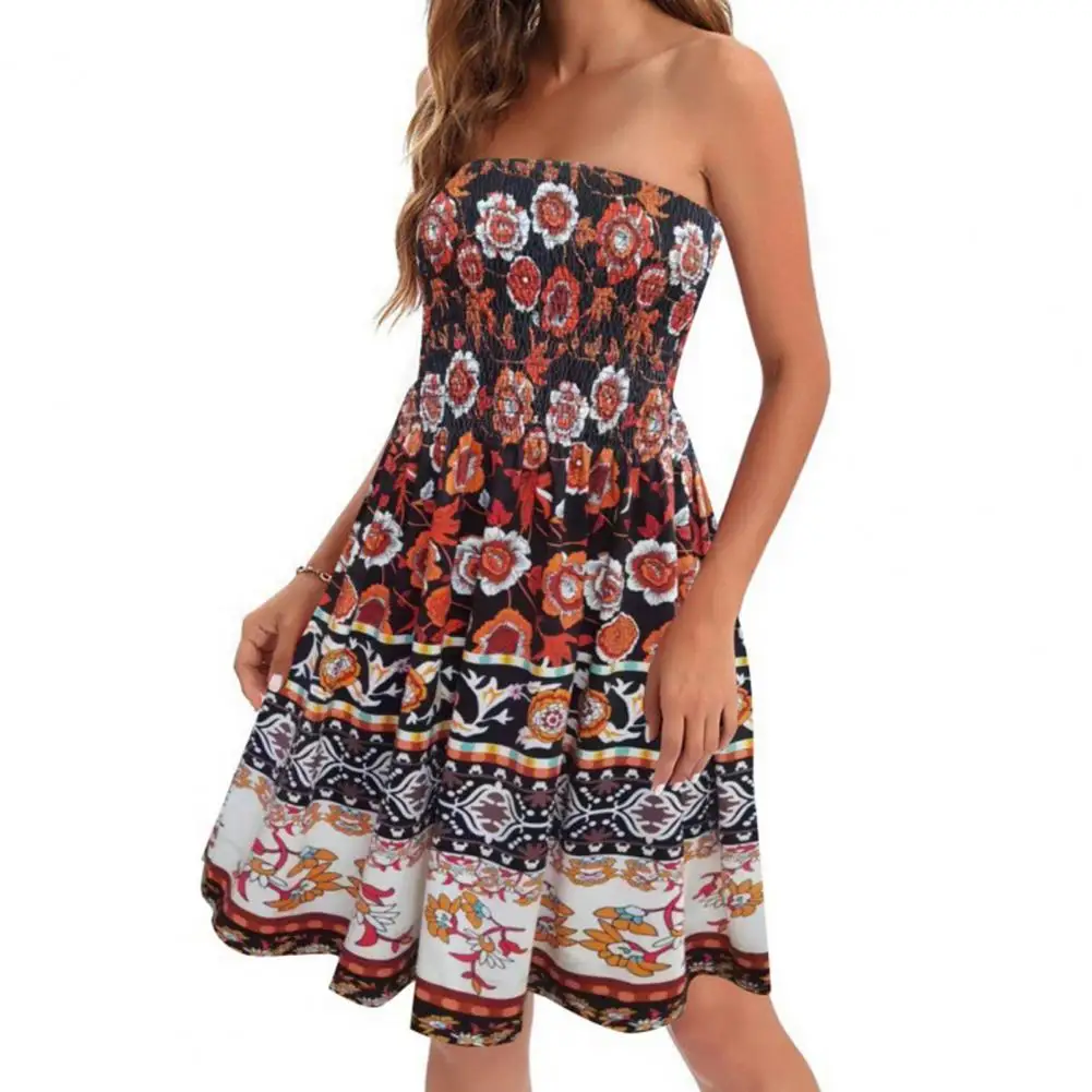 

Women Dress Off Shoulder Bandeau Sleeveless Backless Bohemian Floral Printed A-line Elastic Bust vestidos para mujer