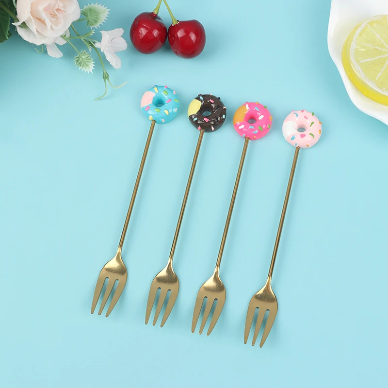 4pcs Stainless Steel Donuts Candy Spoon Forks Kitchen Tableware Milk Coffee Stirring Spoons Dessert Cake Tools Cutlery Spoon