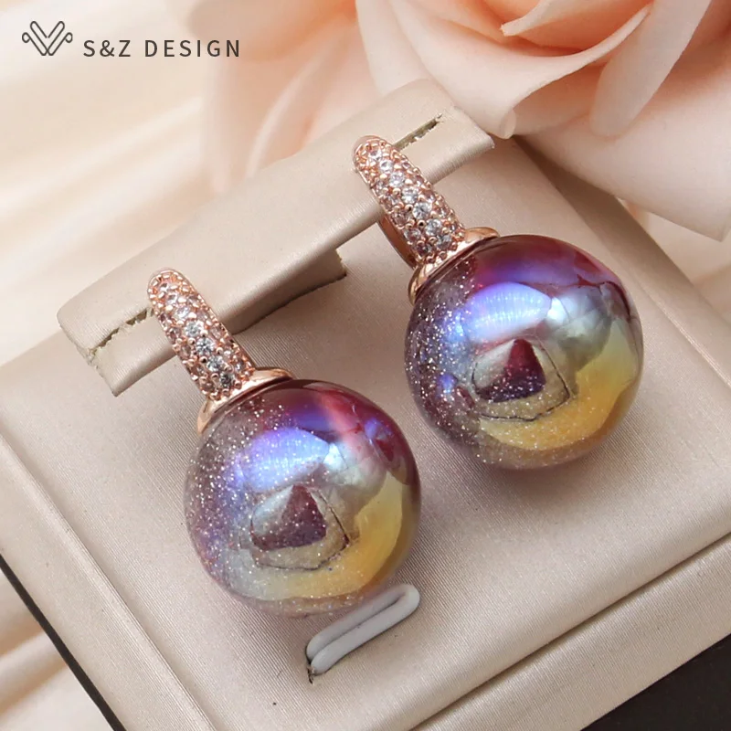S&Z DESIGN New Fashion Round Colorful Beads Dangle Earrings For Women Wedding 585 Rose Gold Color Jewelry Cubic Zirconia Eardrop