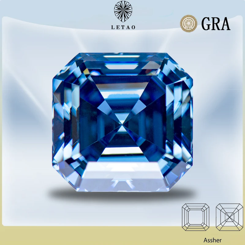 Moissanite Stone Primary Color Royal Blue Color Asscher Cut  Lab Grow Diamond Wholesale Gemstones with GRA Certifies