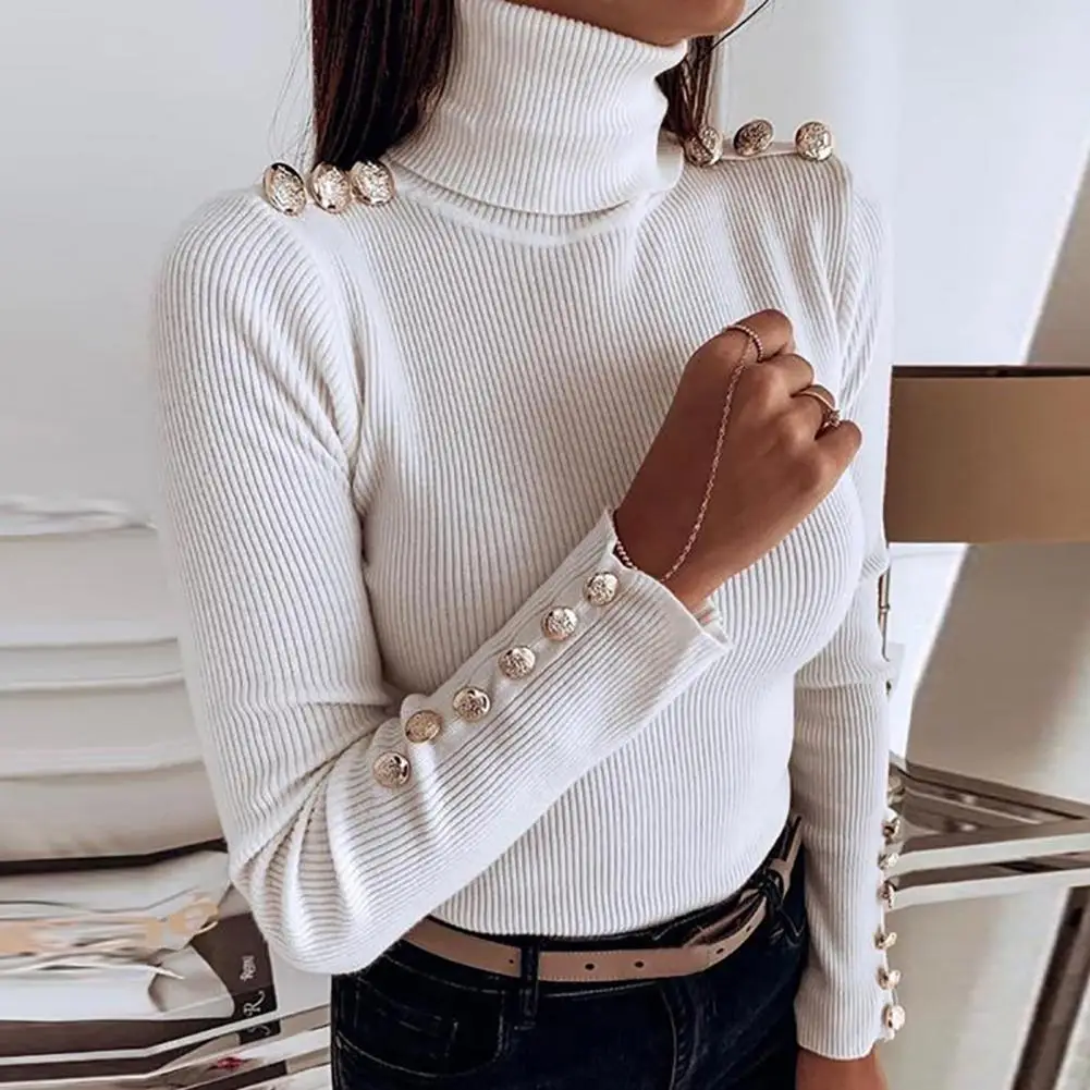 

Turtleneck Long Sleeve Ribbed Buttons Decor Bottoming Blouse Women Autumn Winter Solid Color Skinny Warm Pullover Top Streetwear