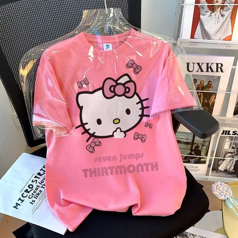 

Sanrio Hello Kitty Sweet Pure Cotton Couple Outfit Summer The New Round Neck Loose Versatile Trend T-Shirt Short Sleeves Female