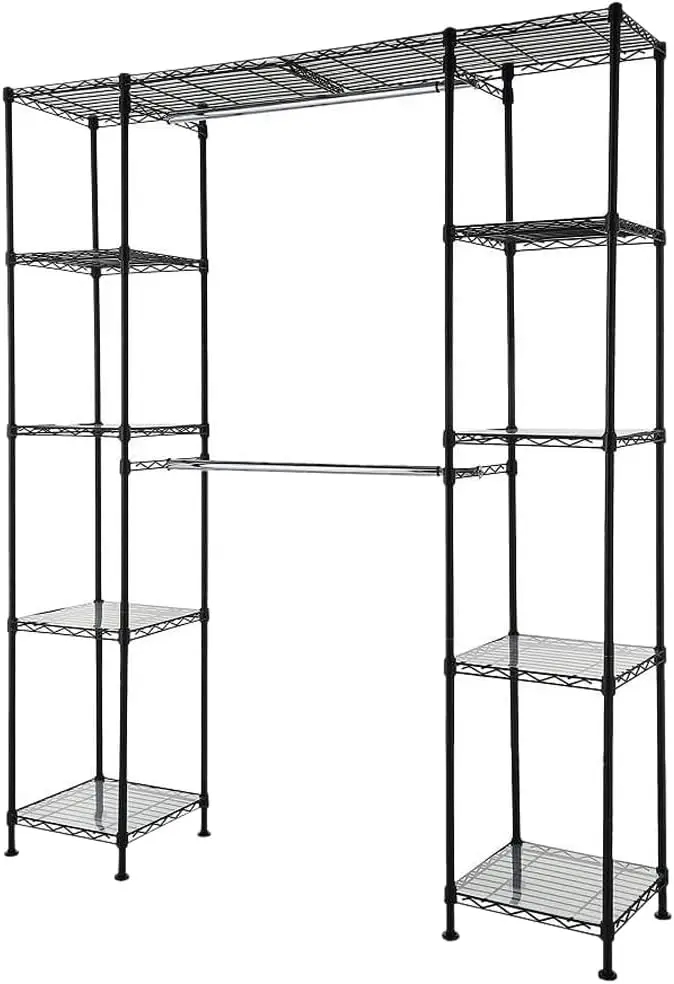 

Basics Expandable Adjustable Metal Hanging Storage Organizer Rack Wardrobe with Shelves, Black, 57''- 80''L x 14''W x 72'