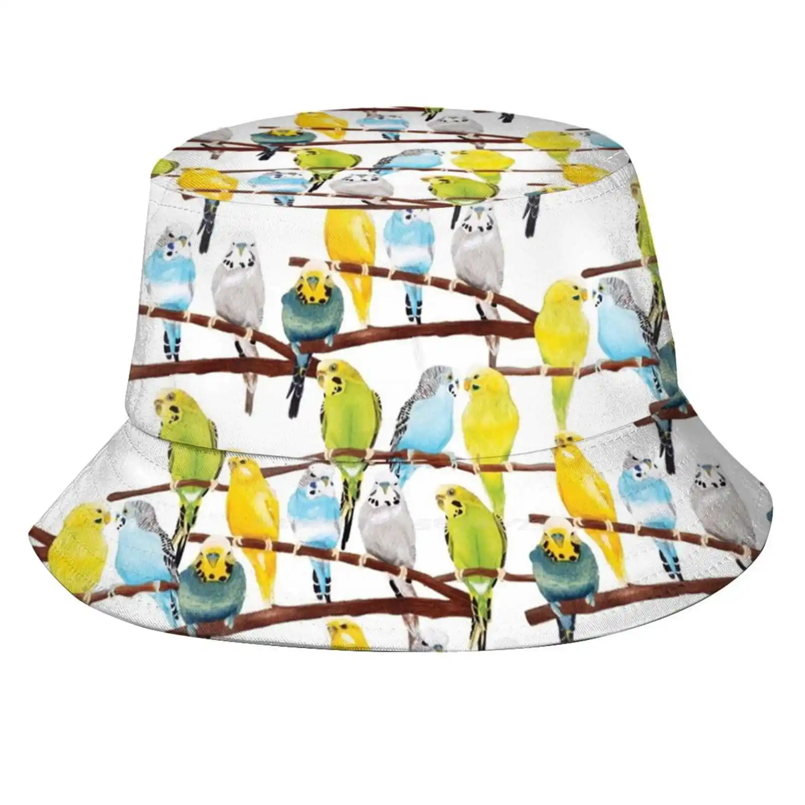 

Budgie Pattern Watercolour Unisex Fashion Women Men Breathable Bucket Hats Pet Watercolour Pattern Hand Drawn Budgerigar Bird