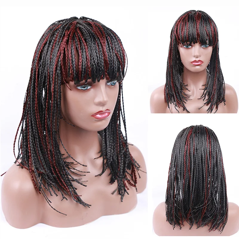 Synthetic Braiding Hair Wig Box Braids Wig with Bangs Afro Wigs Short Bob Wig for Women Mixed Black and Red Color Daily Use image_0