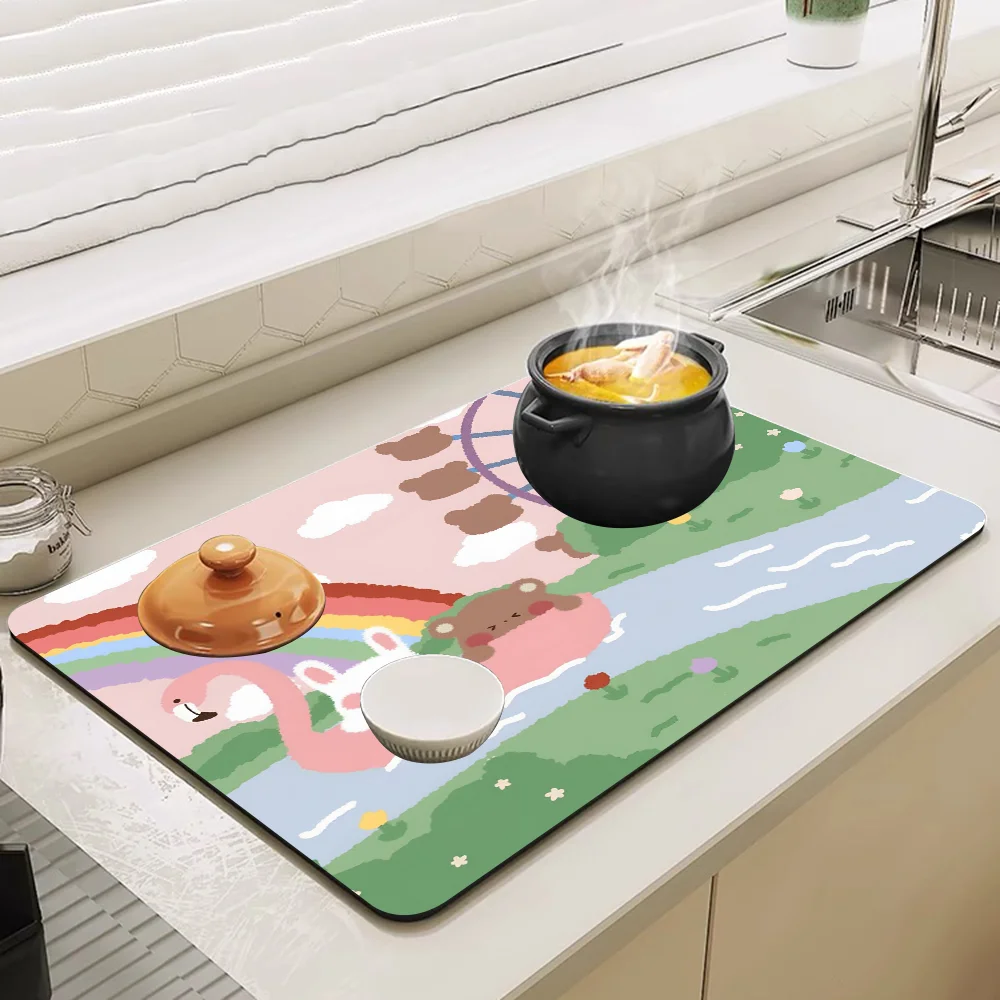 Cartoon rabbit illustration Printed Dish Drying Mat Super Absorbent Coffee Drain Pad Tableware Quick Dry Rug 5
