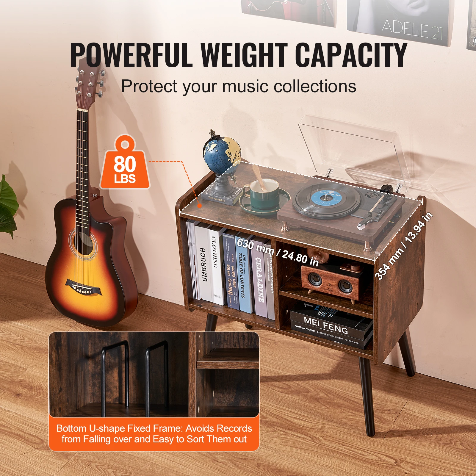 Wooden Record Player Stand with Removable Shelf for Living Room