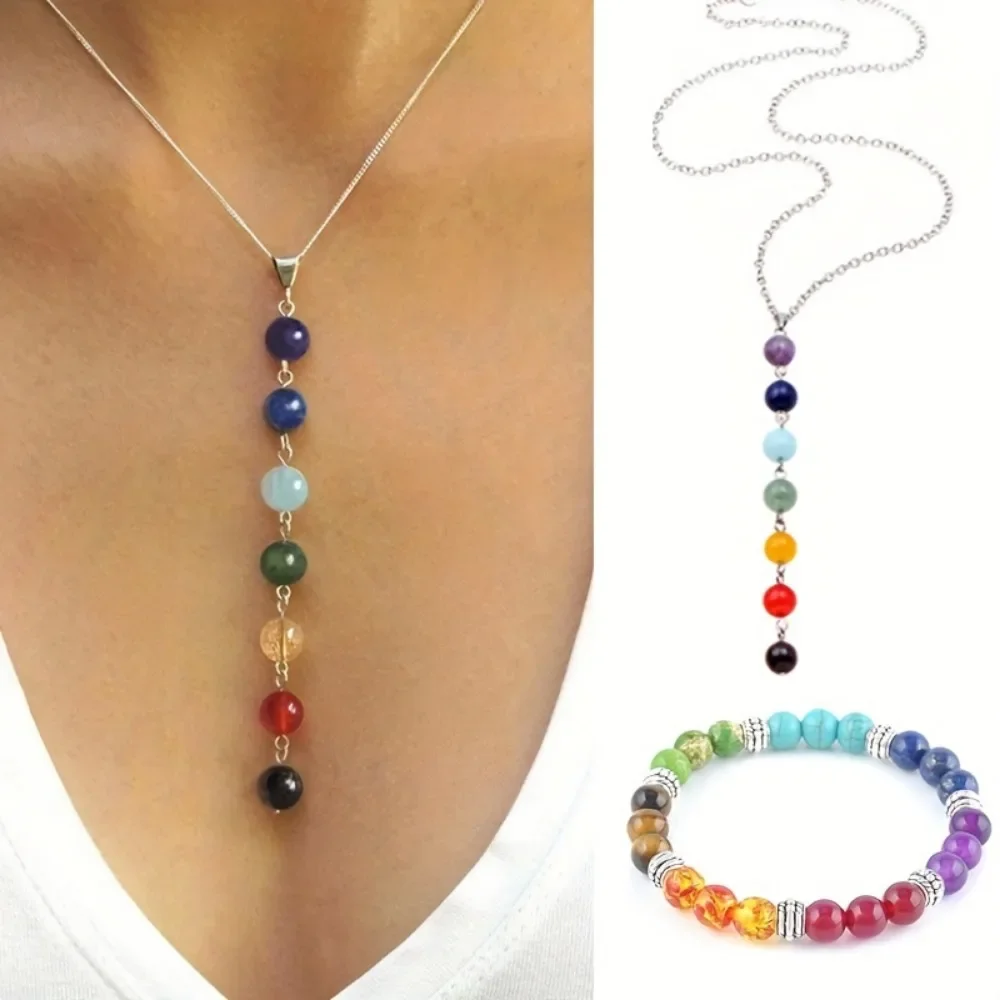 7 Chakra Gemstone Beads Necklace & Bracelet Set - Vibrant Yoga Balancing for Women Jewelry
