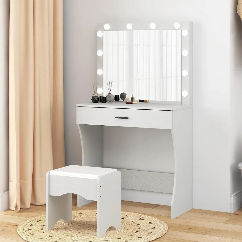 

Vanity Desk with Mirror and Adjustable Lights, One Drawer Storage Makeup Table with Stool - Vanity Set for Bedroom