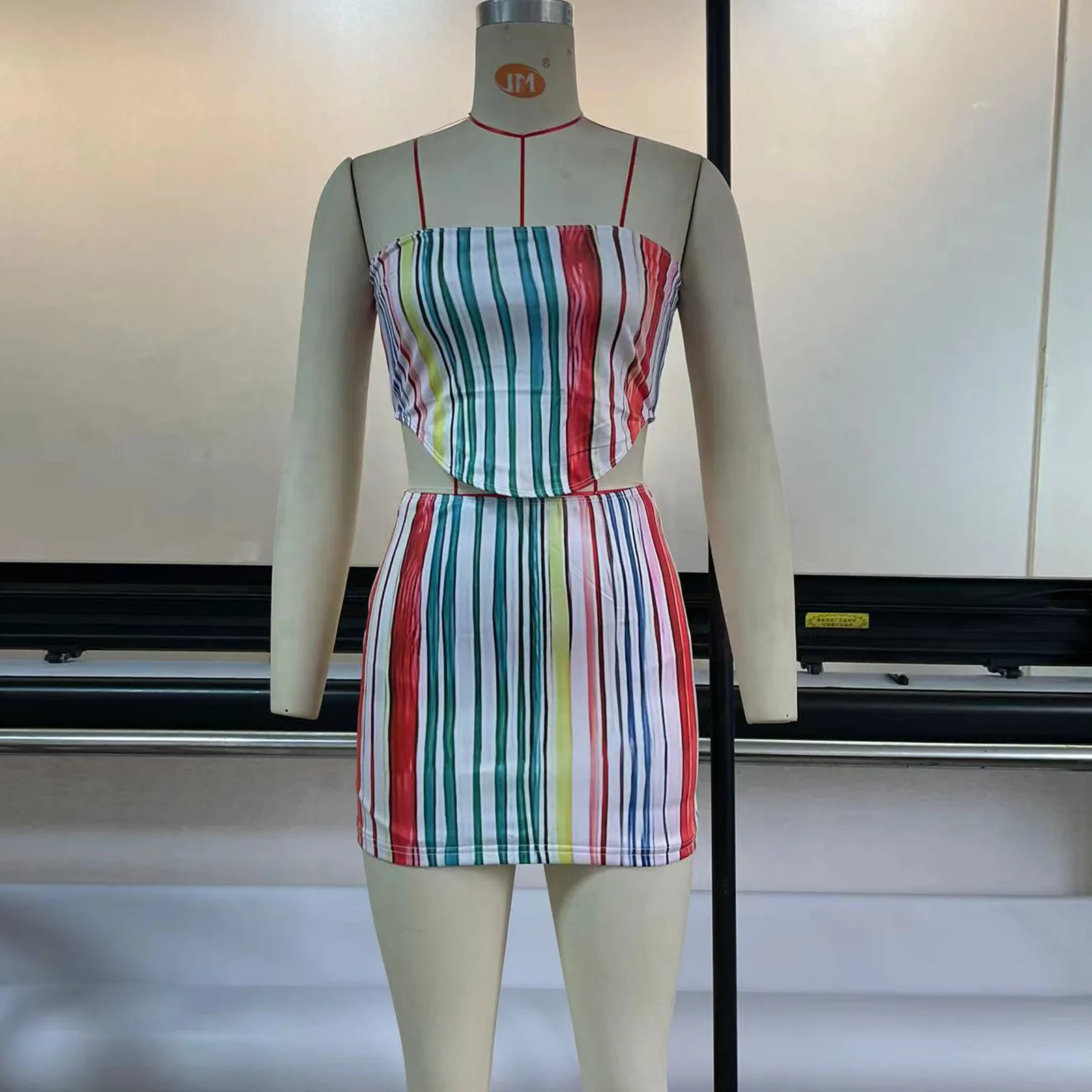 SKMY Elegant Streetwear Rainbow Striped Two Piece Set Women Summer 2023 Sexy Irregualr Strapless Crop Top And Mini Skirt Sets