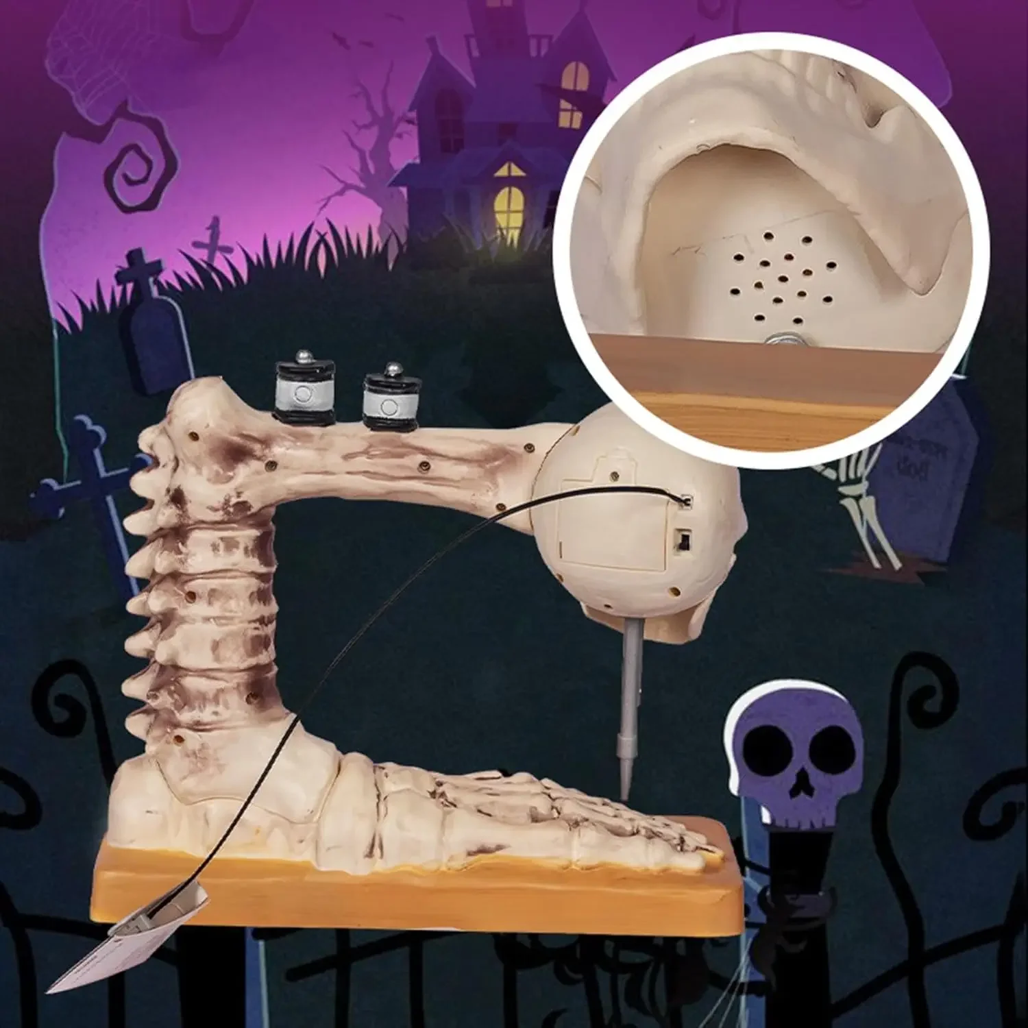 Neue sprachgesteuerte Skelett-Nähmaschinenfigur, perfekte Halloween-Dekoration für Bastelliebhaber für gruselige Veranstaltungen, einzigartiges Geschenk – Detail 3