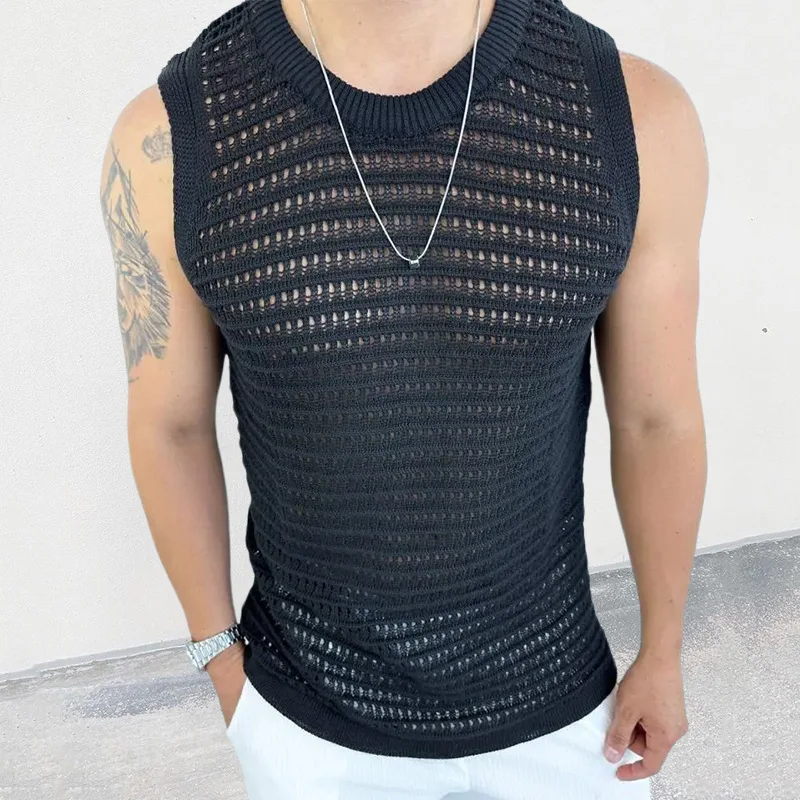 Men's Sweater Vest 2023 Summer New Breathable Solid Color Slim Sleeveless Hollow Knit Vest