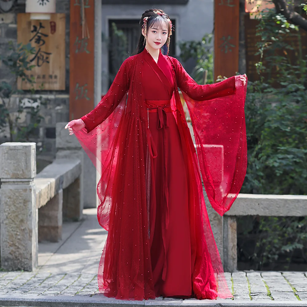 

Original Hanfu Women's Ancient Costume Red Elegant Sequins Shimmering 2-Layer Fabric Fairy Chinese Style Dance Prom