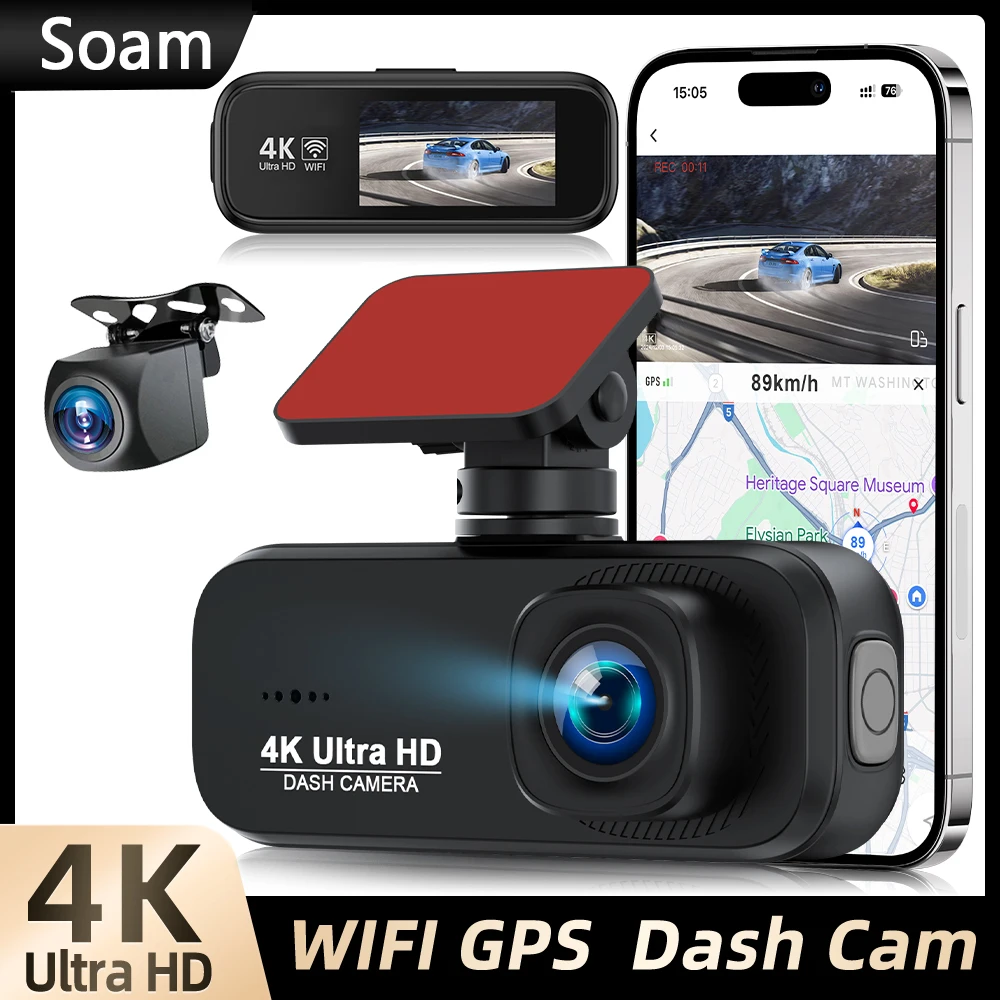 Dash Cam 4K Avant 1080P Arrière / Vision Nocturne Voiture DVR / Grand Angle 170° / Contrôle Par Application WiFi / Détection De Mouvement / Moniteur De Stationnement / Enregistrement En Boucle