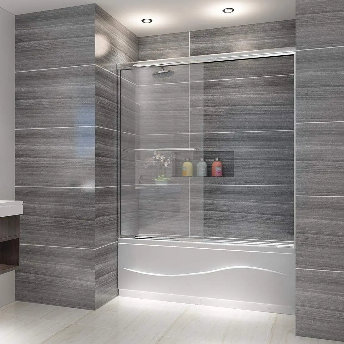 W x 57 3/8 in. H Bypass Sliding Bathtub Glass Doors Semi-Frameless Shower Door with 1/4 in. Clear Tempered Glass Brushed Nickel