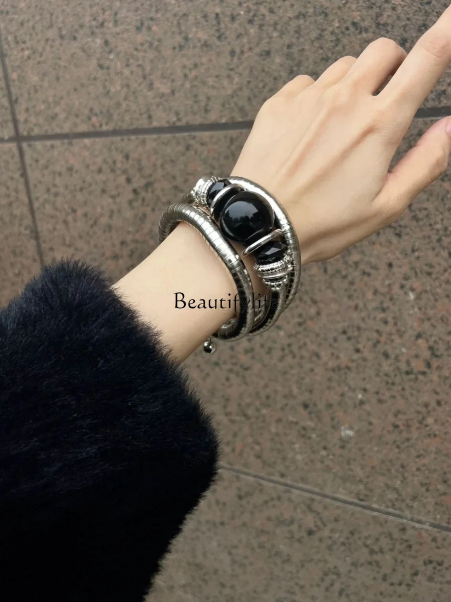 

Retro Black Agate Elastic Bracelet Sweet Cool Niche Three-Layer Bracelet Ethnic Style Hand Accessories