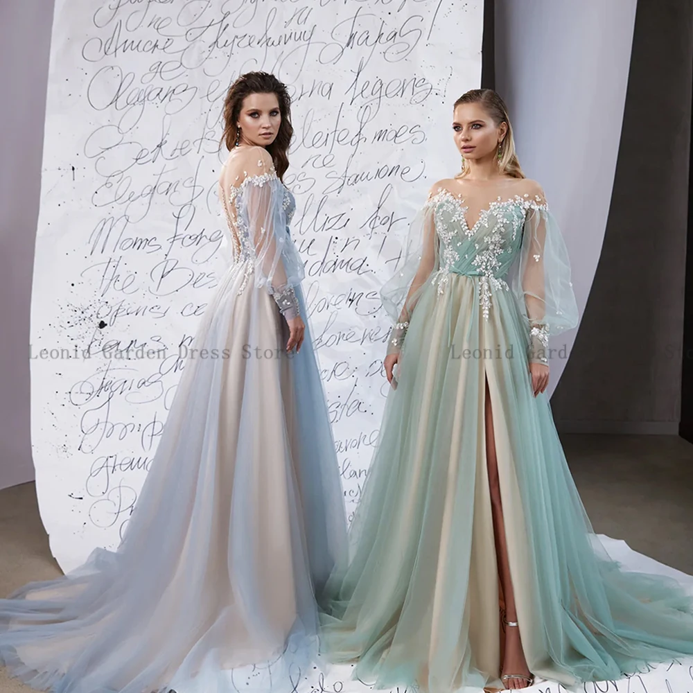 

Sage Prom Dresses O Neck Puff Sleeves A-Line Evening Dress Tulle Party Gowns Applique Floor-Length High Slit فساتين مناسبة رسمية