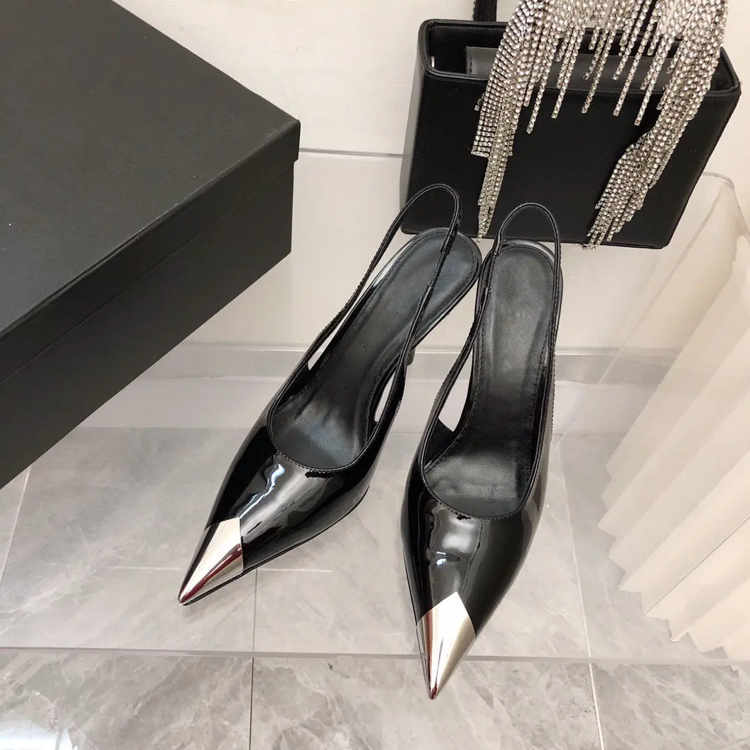 

Casual Designer Women Shoes Genuine Leather Metal Pointy Toe Stiletto Stripper High Heels Slingback Zapatos Mujer Pumps Shoes