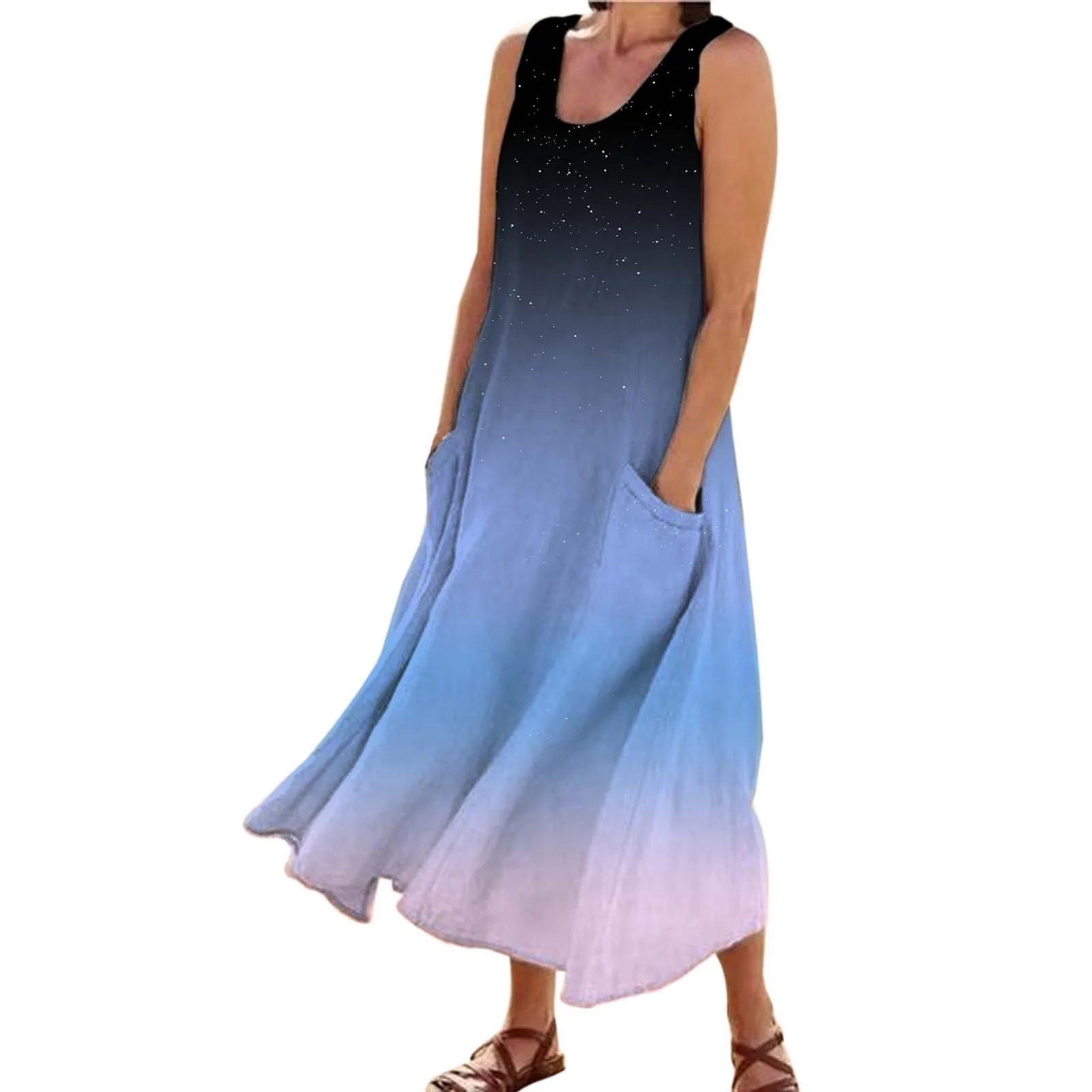 

Women's Crew Neck Casual Three Color Gradient Print Cuffless Pocket Long Vest Dress Casual Dresses Knee Length for Women