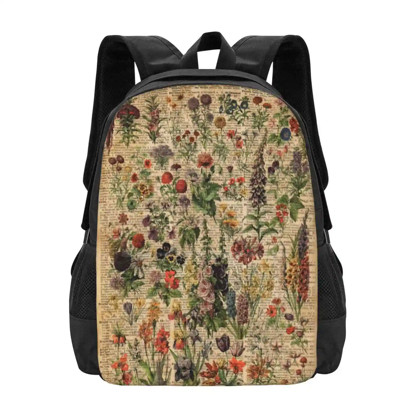 Colorful Wild Lawn Flowers Over Vintage Dictionary Book Page Pattern Design Bag Zaino Per Studenti Poppy Colorato Prato