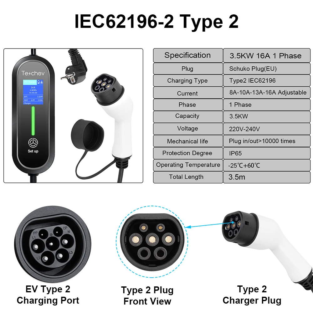 Portable EV Charger Teschev 220V Portable EV Charger Type1 16A Charging Cable GBT Wallbox EVSE Type2 Charging Stations for Electric Vehicle