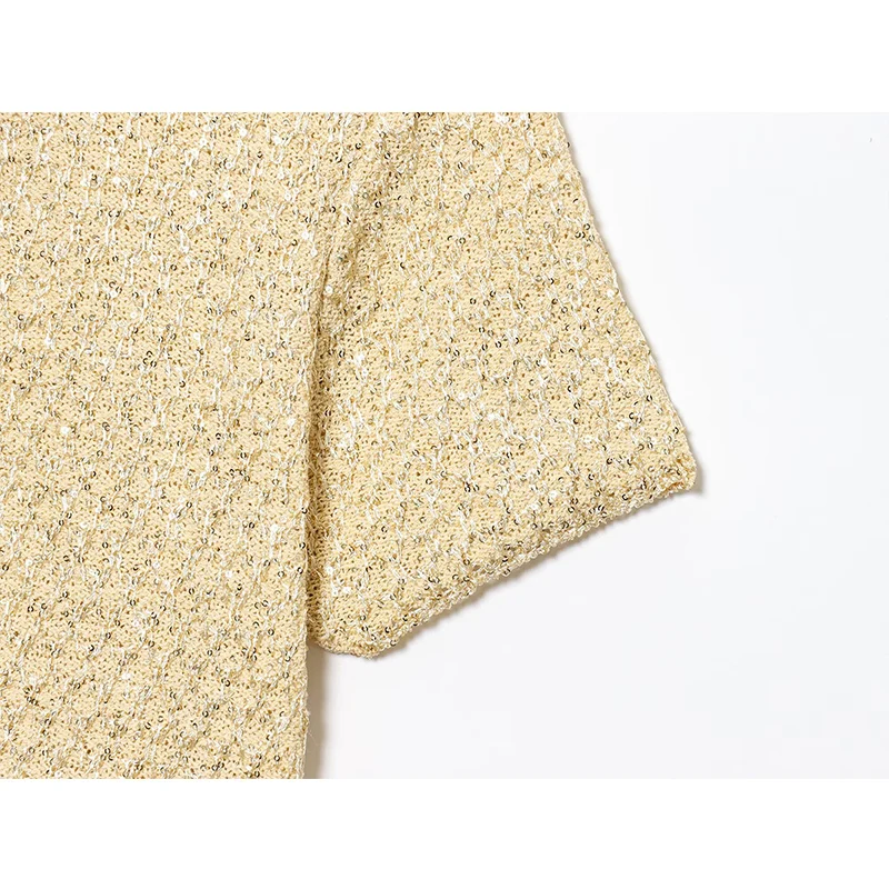 Chic Elegant Sequin Knitted Short Cardigans for Women 2025 New Fashion Short Sleeve Sweater Cardigan Casual Knitwear Top