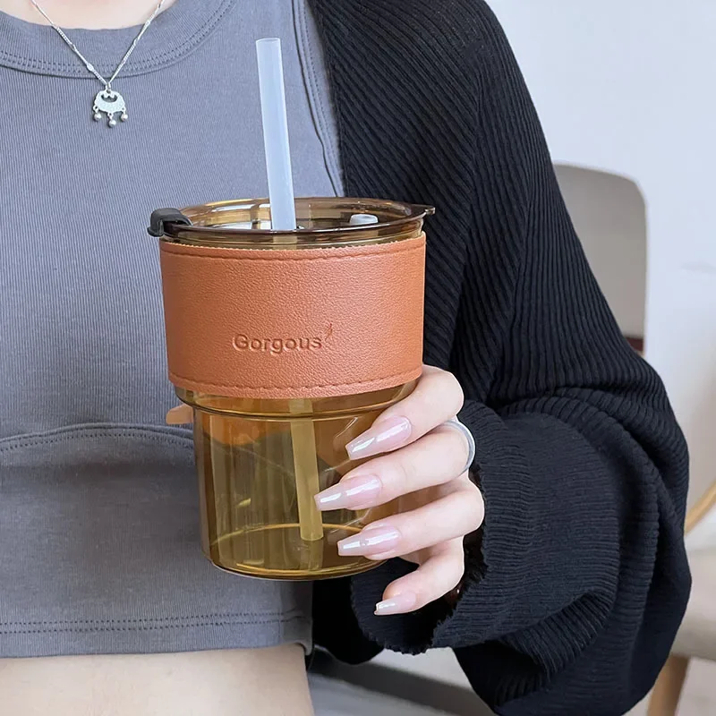 Description Picture 6 of item400ml with Lid Water Bottle Double Drinking Mouth with Straw New Creative Transparent Coffee Glass with Straw Coffee Mug Beer