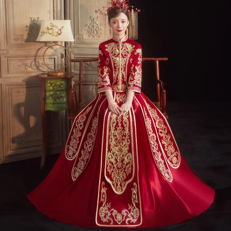 

Bride Costume High-end Vintage Party Gown Elegant Chinese Style Wedding Dress Women Embroidered Cheongsam Hanfu