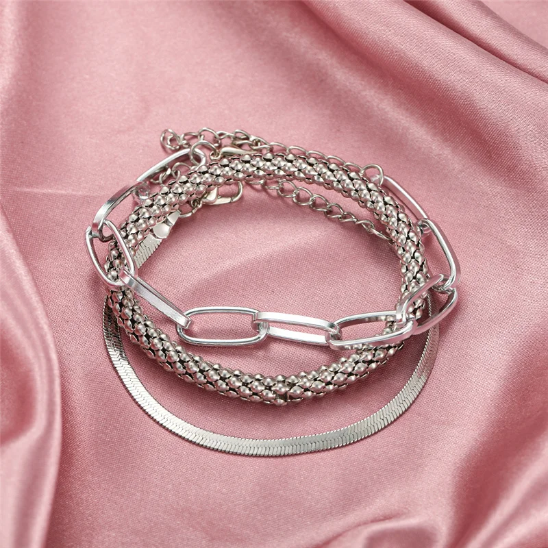 3PCS/Set Fashion Thick Chain Link Bracelets Bangles For Women Vintage Snake Chain Gold Silver Color Bracelets Set Punk Jewelry