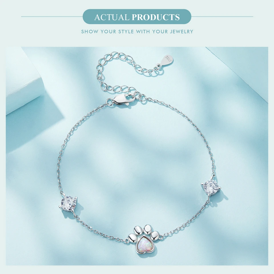 Sterling Silver Cut White Opal Cat Dog Paw Charm Bracelet For Women Fine Jewelry - PeticaDeals