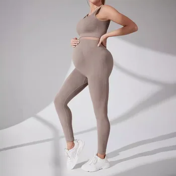 Maternity Yoga Wear Set for Pregnant Women 2 Piece Seamless Belly Dry Sports Fitness Bra And Pant Combo