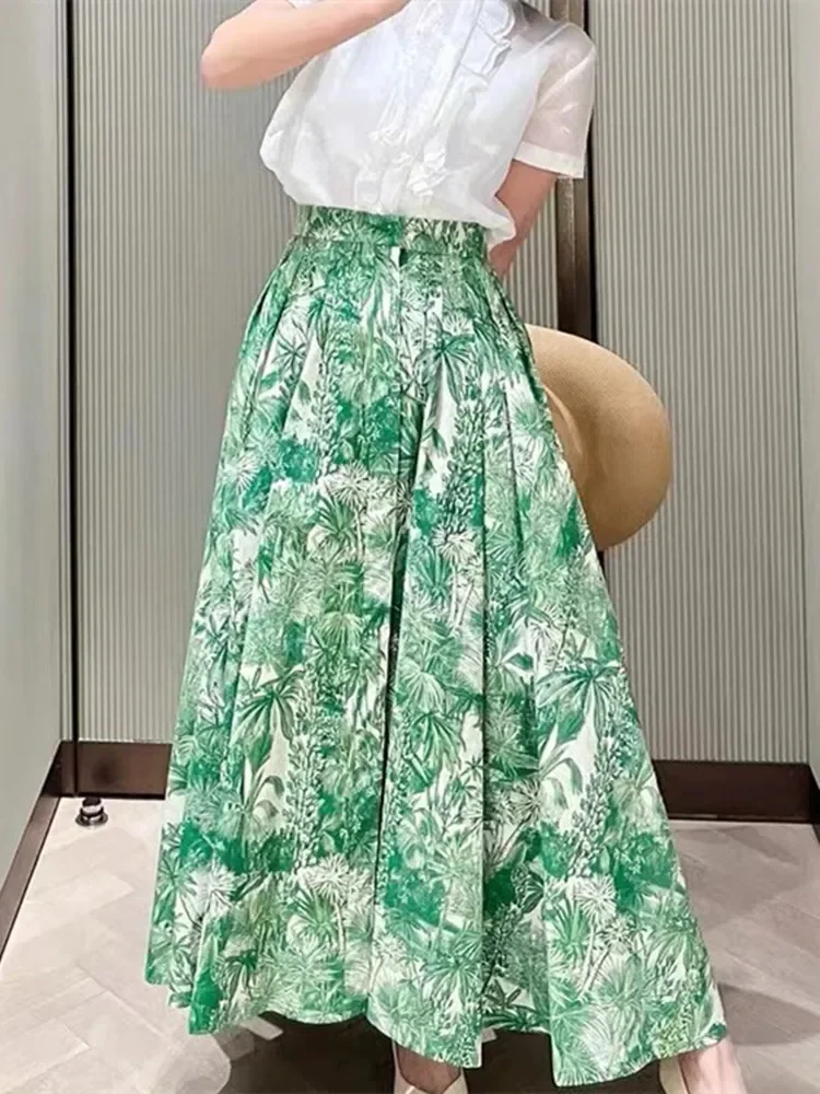 

Women's Midi Skirt 2024 New Summer Print Loose Casual Split A-Line Long Jupe