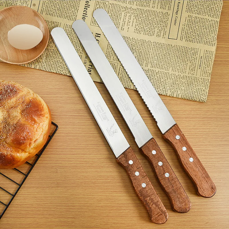 101214InchStainlessSteelSerratedBreadKnifeWoodenHandle