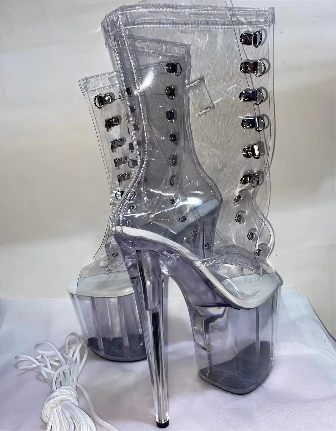 레이스업 투명 방수 플랫폼 런웨이 로우 부츠, 섹시한 하늘 증오 하이 폴 댄싱 힐, 17-20cm