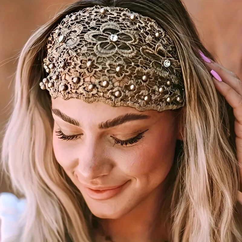 1pc, 4 Styles, Elegant Hollow Lace Flower Pattern Headband, With Faux Pearl Charms Stretch Headband, Wide Brim Rhinestone
