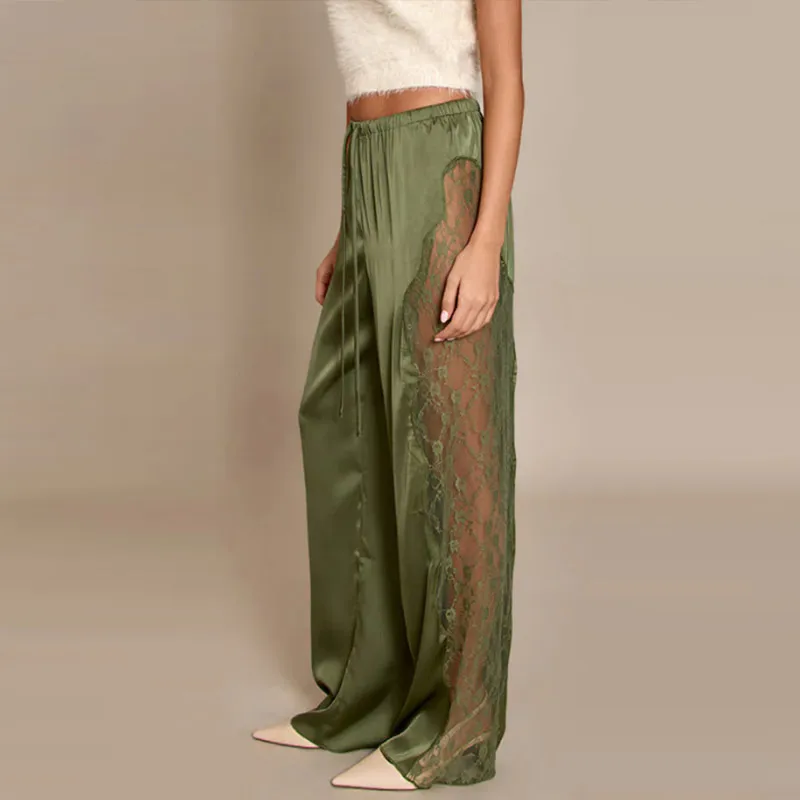 Casual Lace Satin Patchwork Pants Women See Through High Waist Lace Up Straight Trousers 2026 Spring Lady Solid Chic Trouser