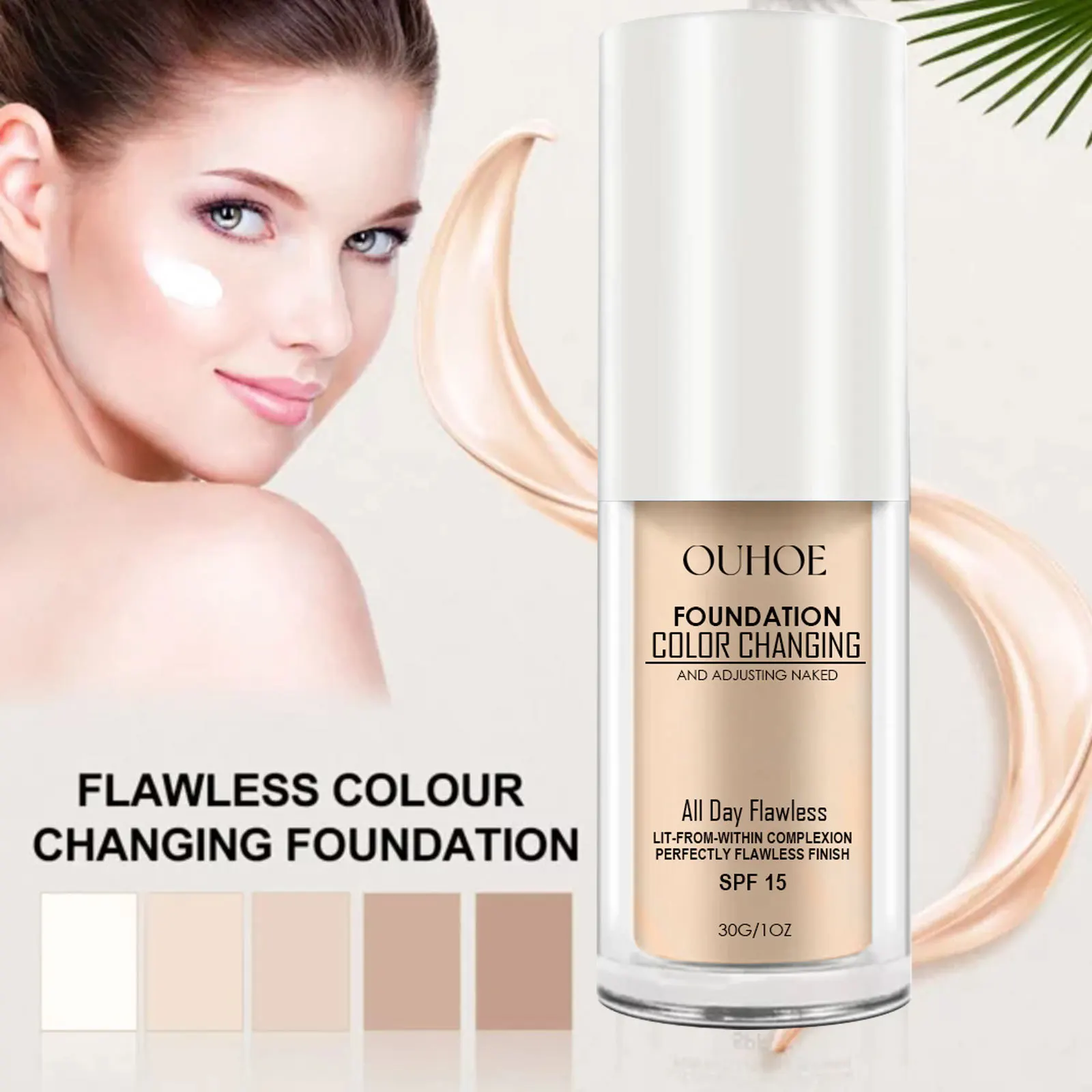 Ouhoe Liquid Foundation Clear Natural Delicate Brightening Skin Color Concealer Base Makeup Sweat-Proof Long Lasting Smear-Proof