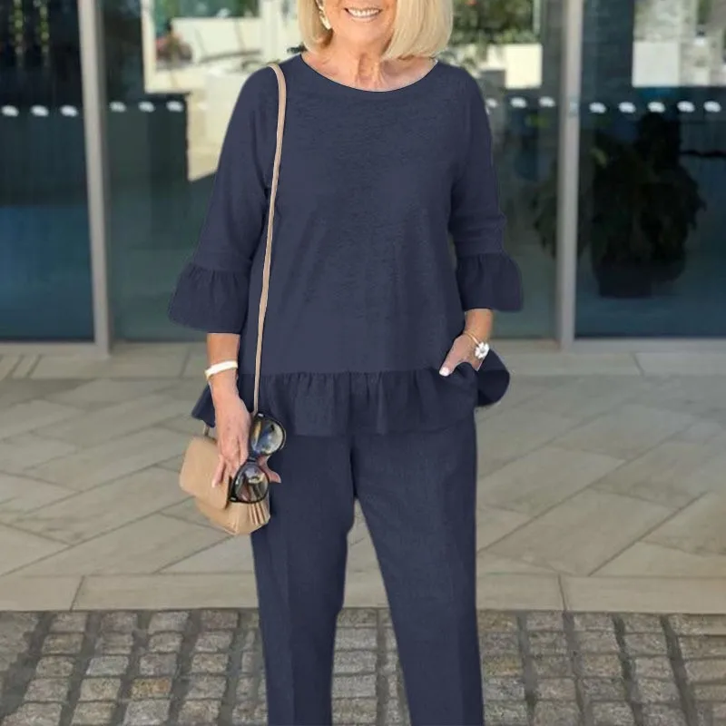 

2 Pcs/Set Blouse Pants Set Round Neck Ruffle Hem Three Quarter Sleeves Loose Soft Breathable Long Trousers Casual Two Piece Sets
