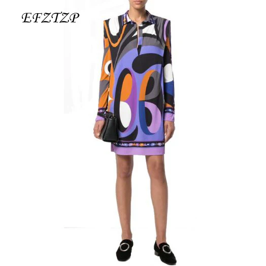 

EFATZP New Fashion Designer Brand Dress Women's Long Sleeves purple Geometry Printed Stretch Jersey Silk Day Dresses