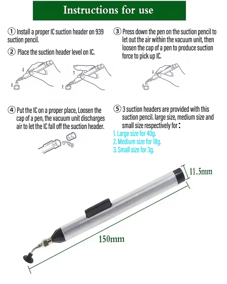 Vacuum Suction Pen Kit IC SMD Vacuum Sucking Suction Pen Remover Sucker Pump Pick Up Tool Desoldering ​Sucking Pen With 3 Sucker image 6