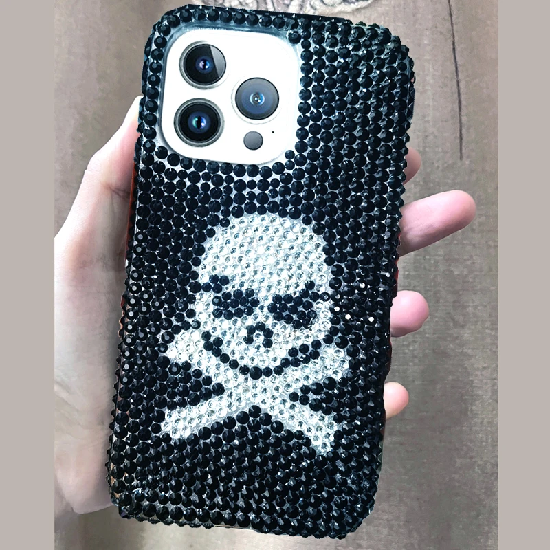 Luxury Plating Shiny Rhinestone Phone Case For iPhone 11 12 13 15 16 Pro Max Skull Bumper Protector On 14 7 8 Plus Handmade Capa