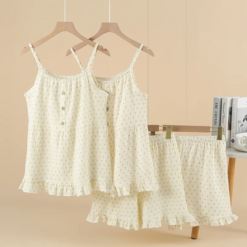 Cotton Women's pajama Set Woman 2 Pieces Spaghetti Strap Sleepwear Women Lovely Cherry print Pajama Loungewear slip dress