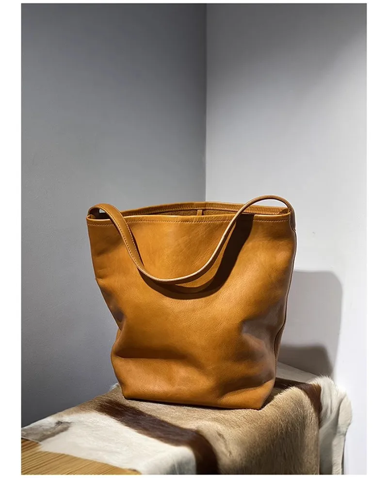 PNDME einfache lässige hochwertige echtes Leder Damen Eimertasche Outdoor Designer Luxus natürliche weiche Rindsleder Umhängetasche – Detail 10