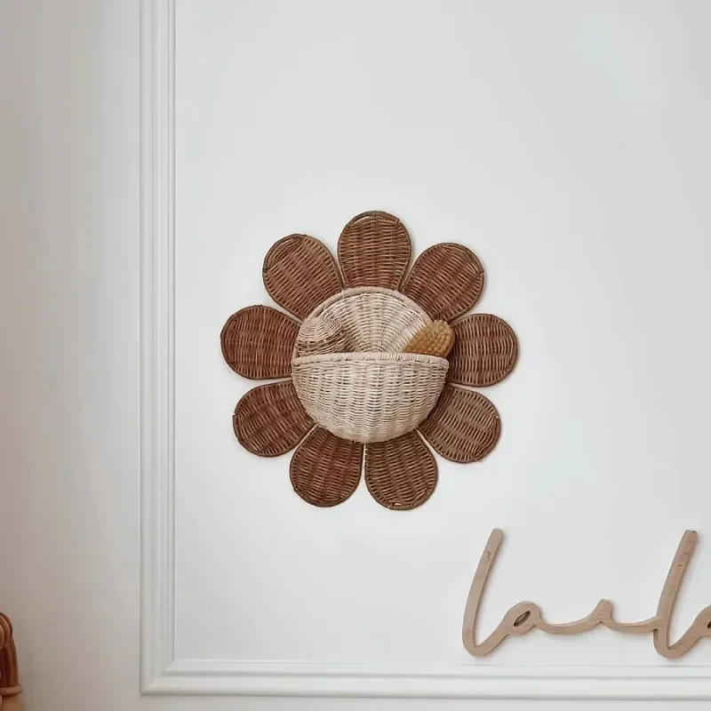 INS Sun Flower Hanging Basket Hand-woven Rattan Kids Room Decoartion Key Sundries Storage Baskets Home Wall Ornaments Props 2