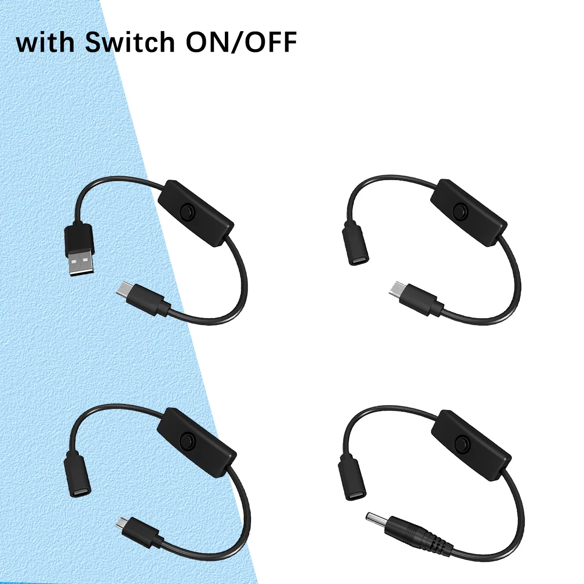 Versatile Type C Power Extension Cord with On/Off Switch – USB-C, Micro-USB, and DC 5.5x2.1mm Connectors, Ideal for Various Devices – 5V