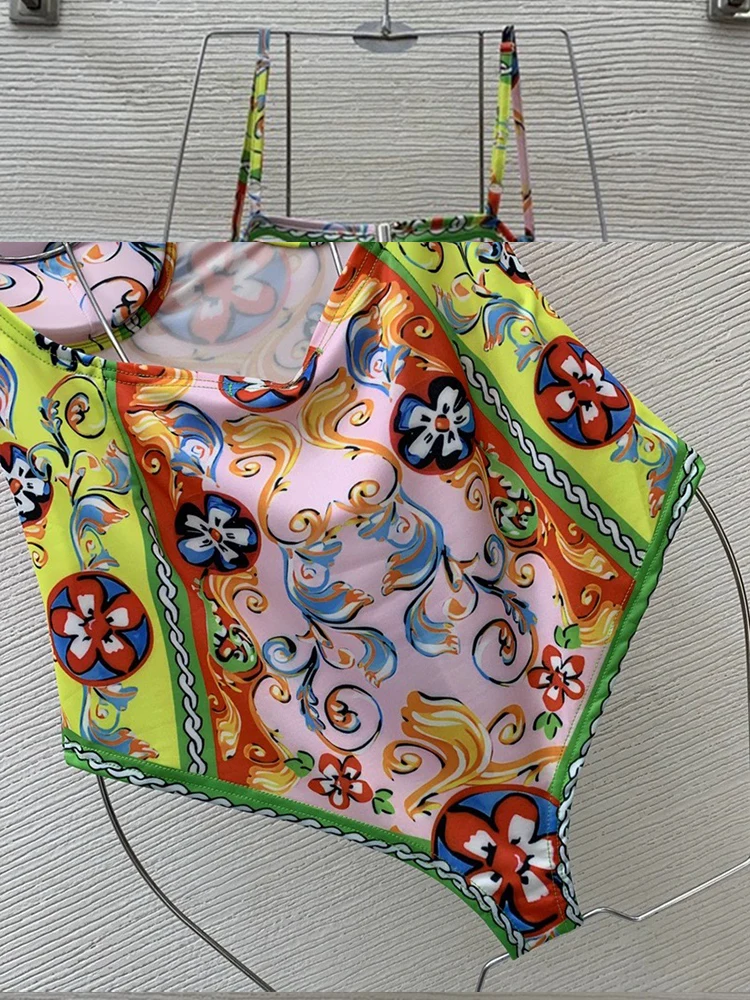 기하학적 프린트 백리스 원피스 서스펜더 탑, 여성 조커 수영복, 레트로 섹시 블루 화이트 도자기, 여름 신상 패션